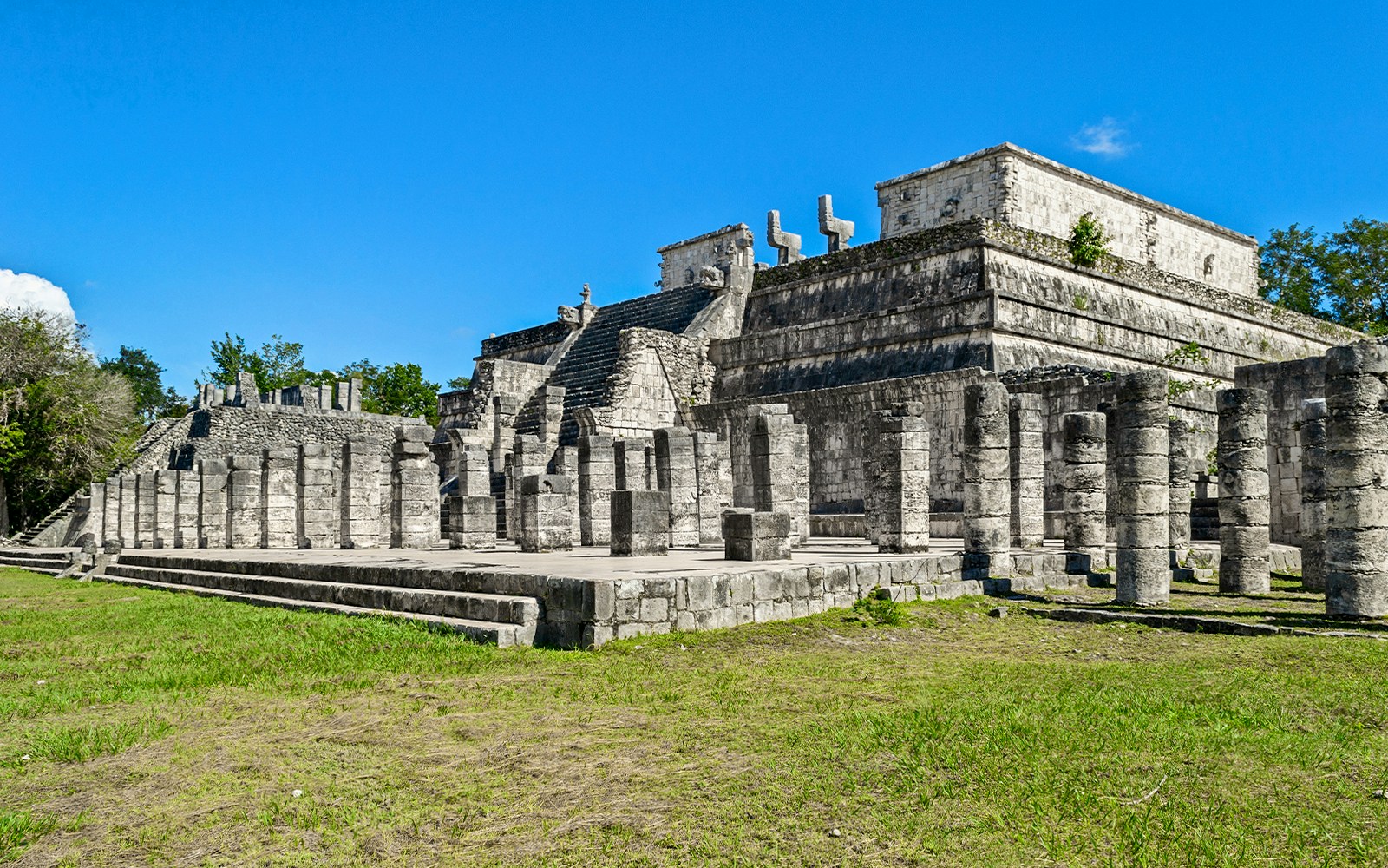 Temple of the Warriors at Chichen Itza, Yucatan, Mexico, showcasing ancient Mayan columns and carvings.