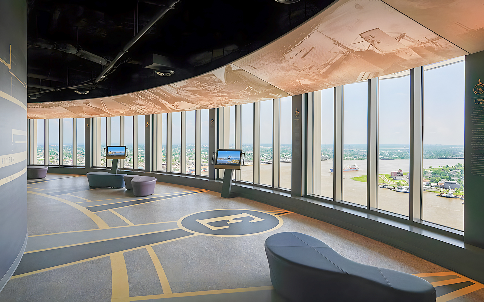 Observation deck with panoramic view of New Orleans and Mississippi River.