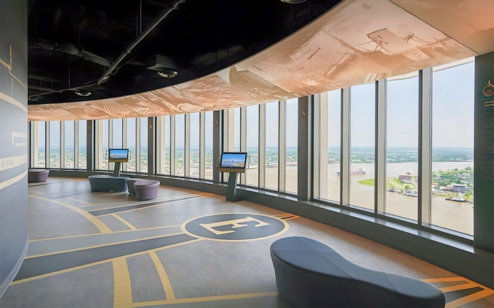 Observation deck with panoramic view of New Orleans and Mississippi River.