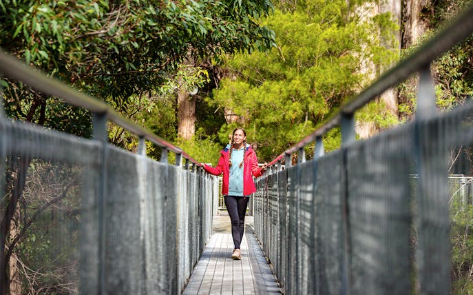 Person walking on a metal bridge surrounded by lush greenery in South Australia.