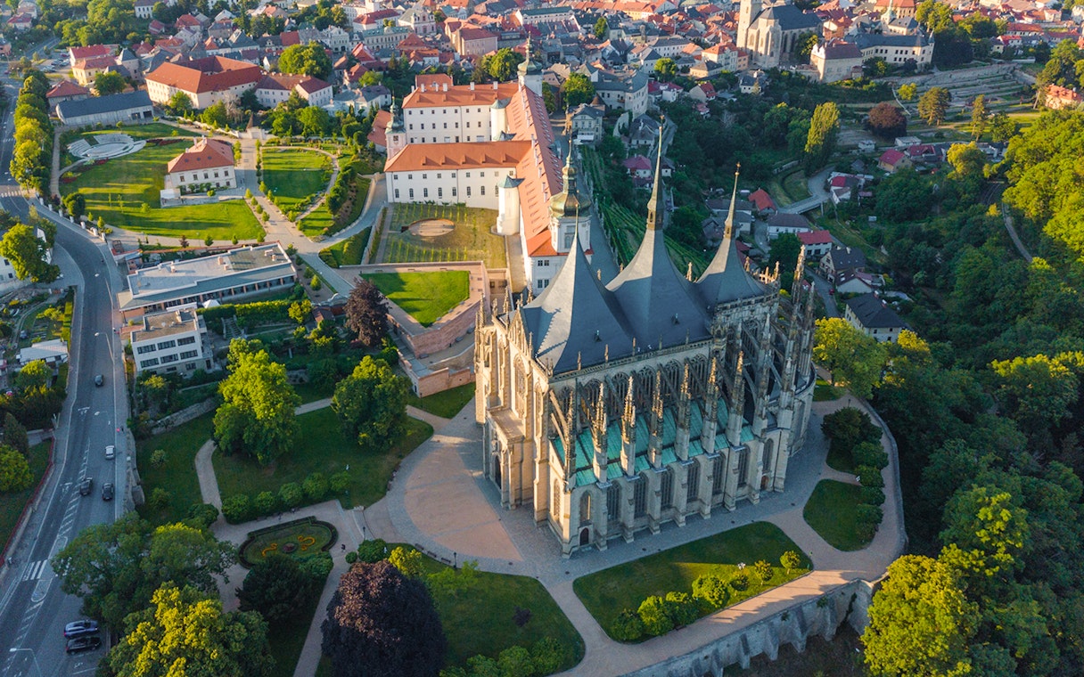 Aerial view of St. Barbara's Church and surrounding gardens in Kutna Hora.
