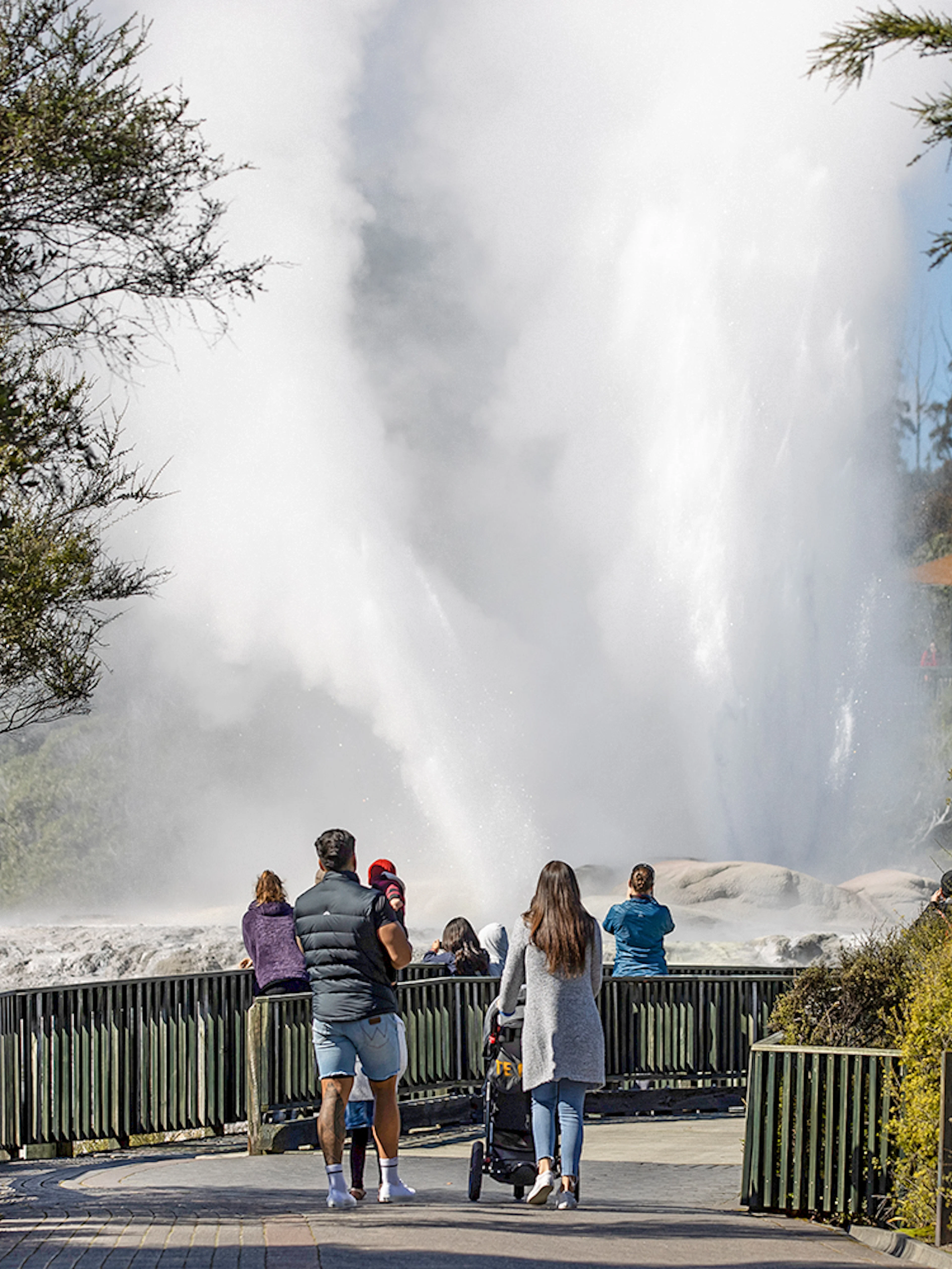 Visitors watching a geyser erupt at Te Puia, Rotorua, during the Te Rā Guided Experience.
