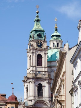 Church of St. Nicholas towers in Mala Strana, Prague, Czech Republic.