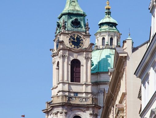Church of St. Nicholas towers in Mala Strana, Prague, Czech Republic.