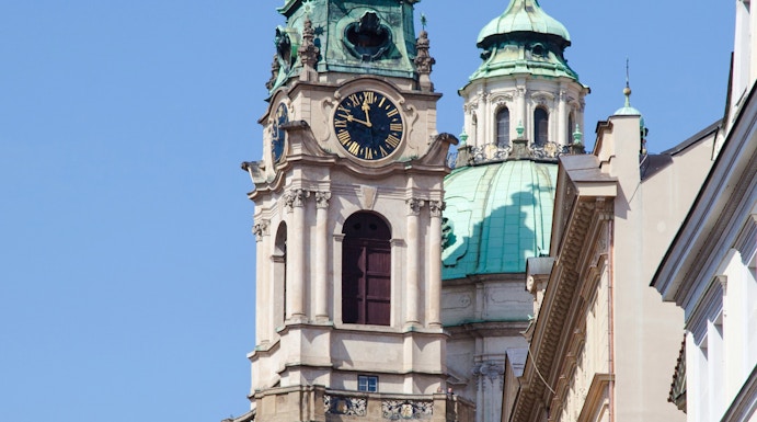 Church of St. Nicholas towers in Mala Strana, Prague, Czech Republic.