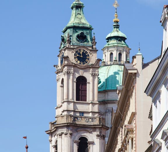 Church of St. Nicholas towers in Mala Strana, Prague, Czech Republic.