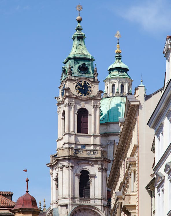 Church of St. Nicholas towers in Mala Strana, Prague, Czech Republic.