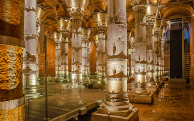 Illuminated columns inside Theodosius Cistern, Istanbul.