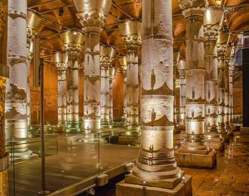 Illuminated columns inside Theodosius Cistern, Istanbul.