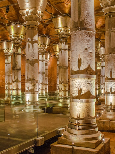 Illuminated columns inside Theodosius Cistern, Istanbul.
