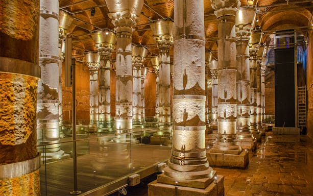 Illuminated columns inside Theodosius Cistern, Istanbul.