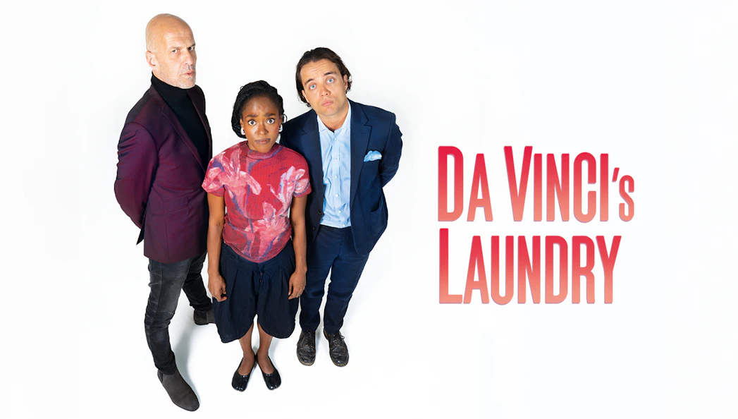 Three people standing next to "Da Vinci's Laundry" text.
