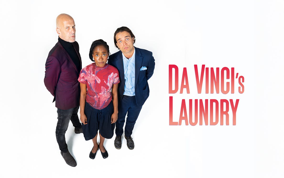 Three people standing next to "Da Vinci's Laundry" text.