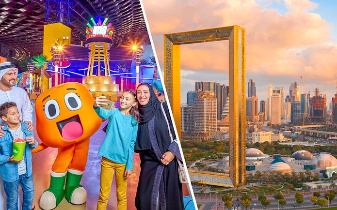 Family enjoying IMG Worlds of Adventure with mascot and Dubai Frame view.