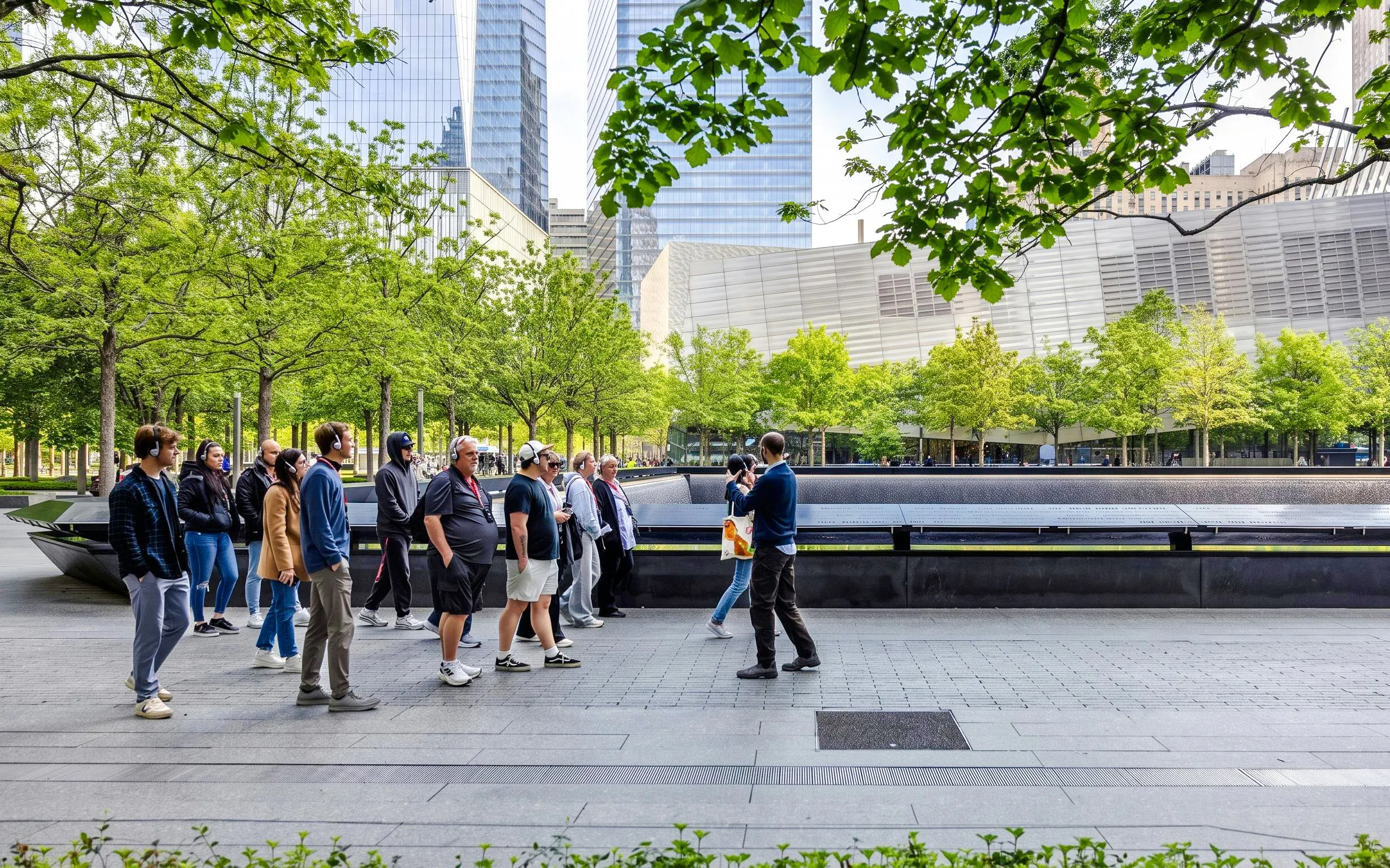 Visitors at the 9/11 Memorial in New York City, with trees and skyscrapers in the background.