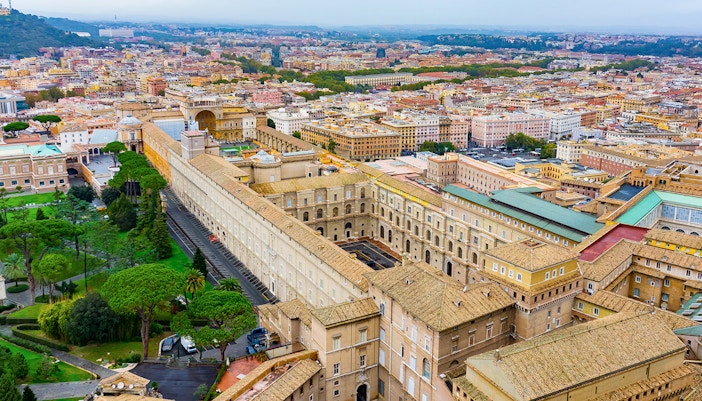 Aerial view of Cortile del Belvedere in Vatican Museum, Rome, showcasing historic architecture.