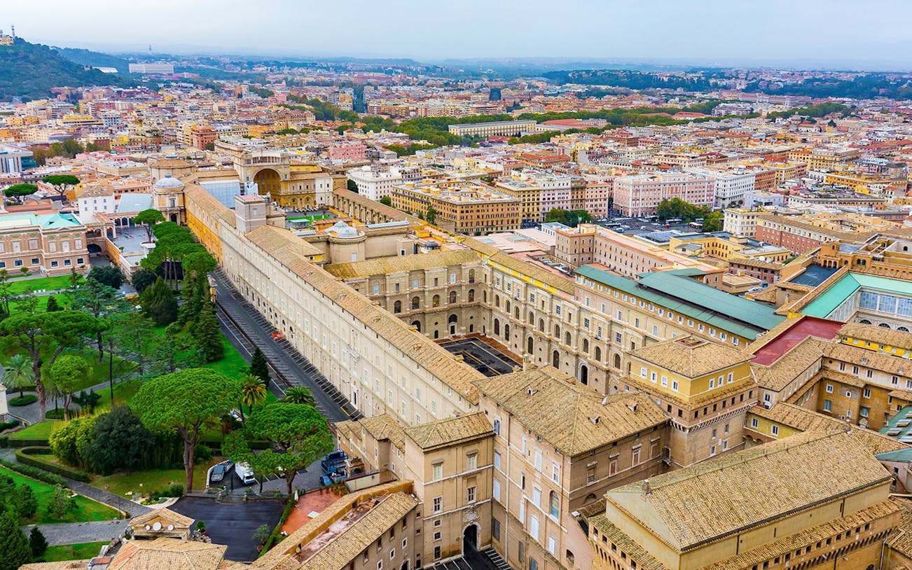 Aerial view of Cortile del Belvedere in Vatican Museum, Rome, showcasing historic architecture.