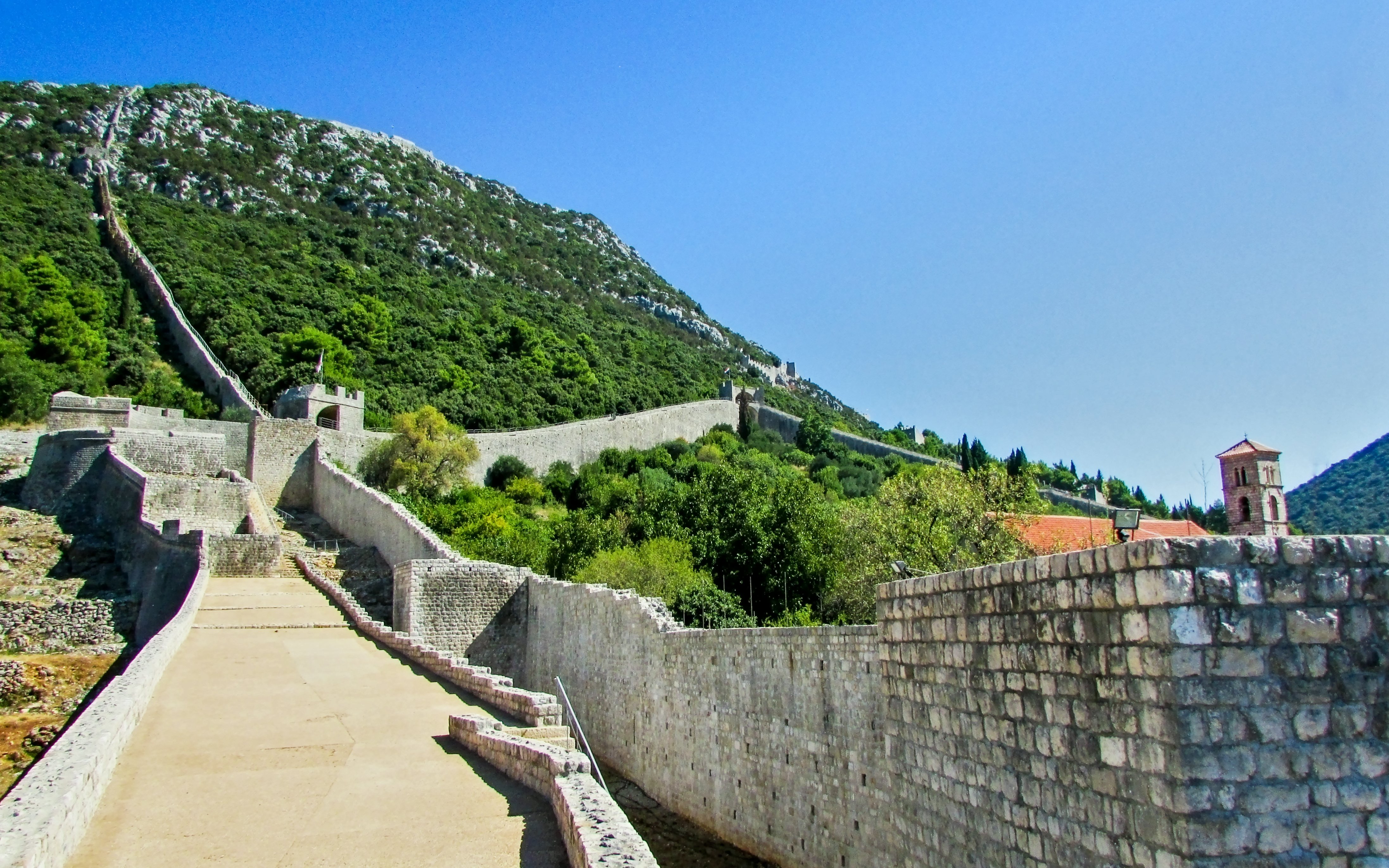 Ston city wall stretching across green hills, Croatia.