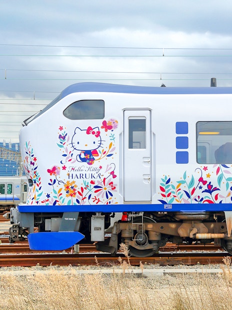 JR Haruka Airport Express train with Hello Kitty design on tracks.