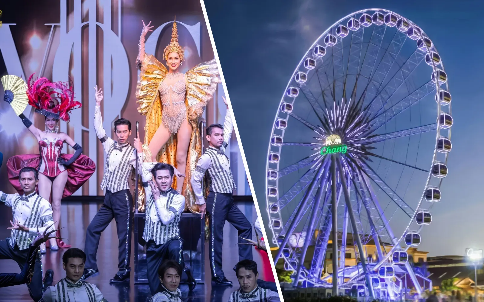 Calypso Cabaret performers on stage and Asiatique Sky Ferris wheel lit up at night, Bangkok.