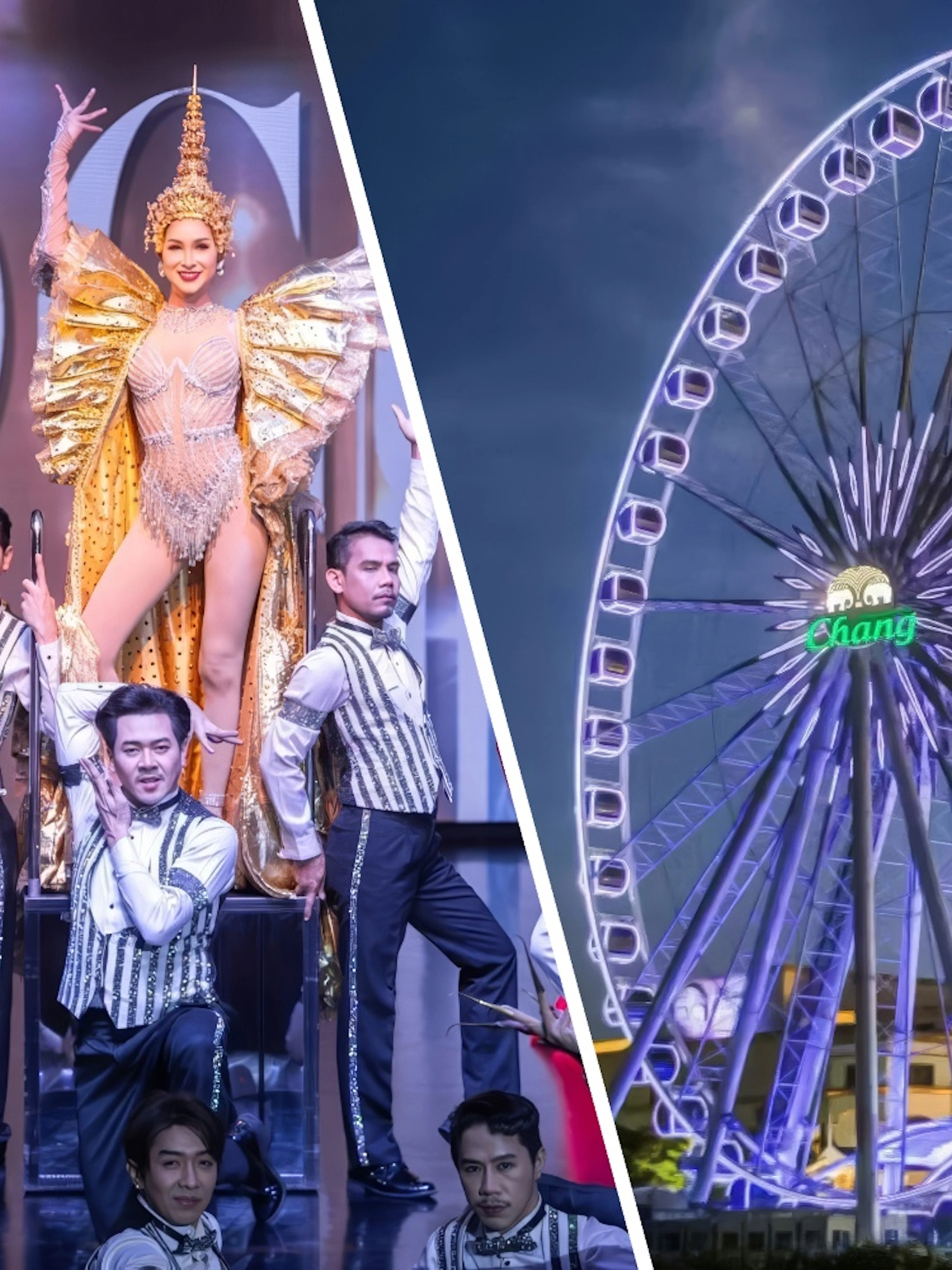 Calypso Cabaret performers on stage and Asiatique Sky Ferris wheel lit up at night, Bangkok.
