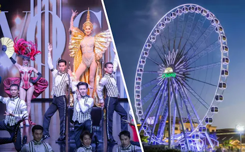 Calypso Cabaret performers on stage and Asiatique Sky Ferris wheel lit up at night, Bangkok.