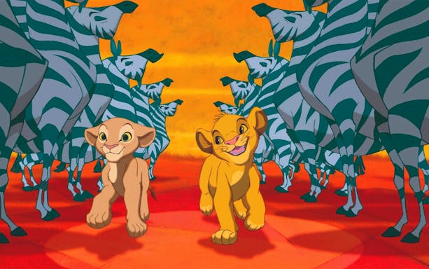 Young lions walking among zebras in a scene from Lion King.