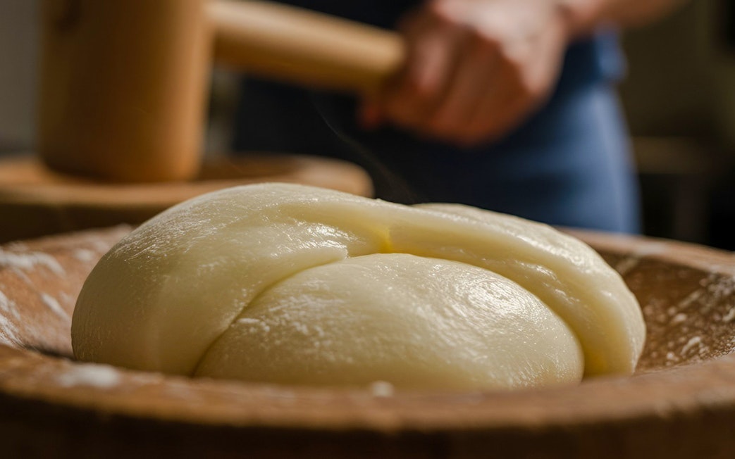 Man pounding mochi dough with a wooden mallet in a traditional setting.