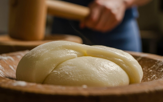 Man pounding mochi dough with a wooden mallet in a traditional setting.