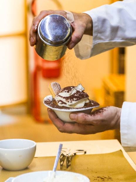 Tiramisu preparation at Neapolitan Cooking School in Sorrento.