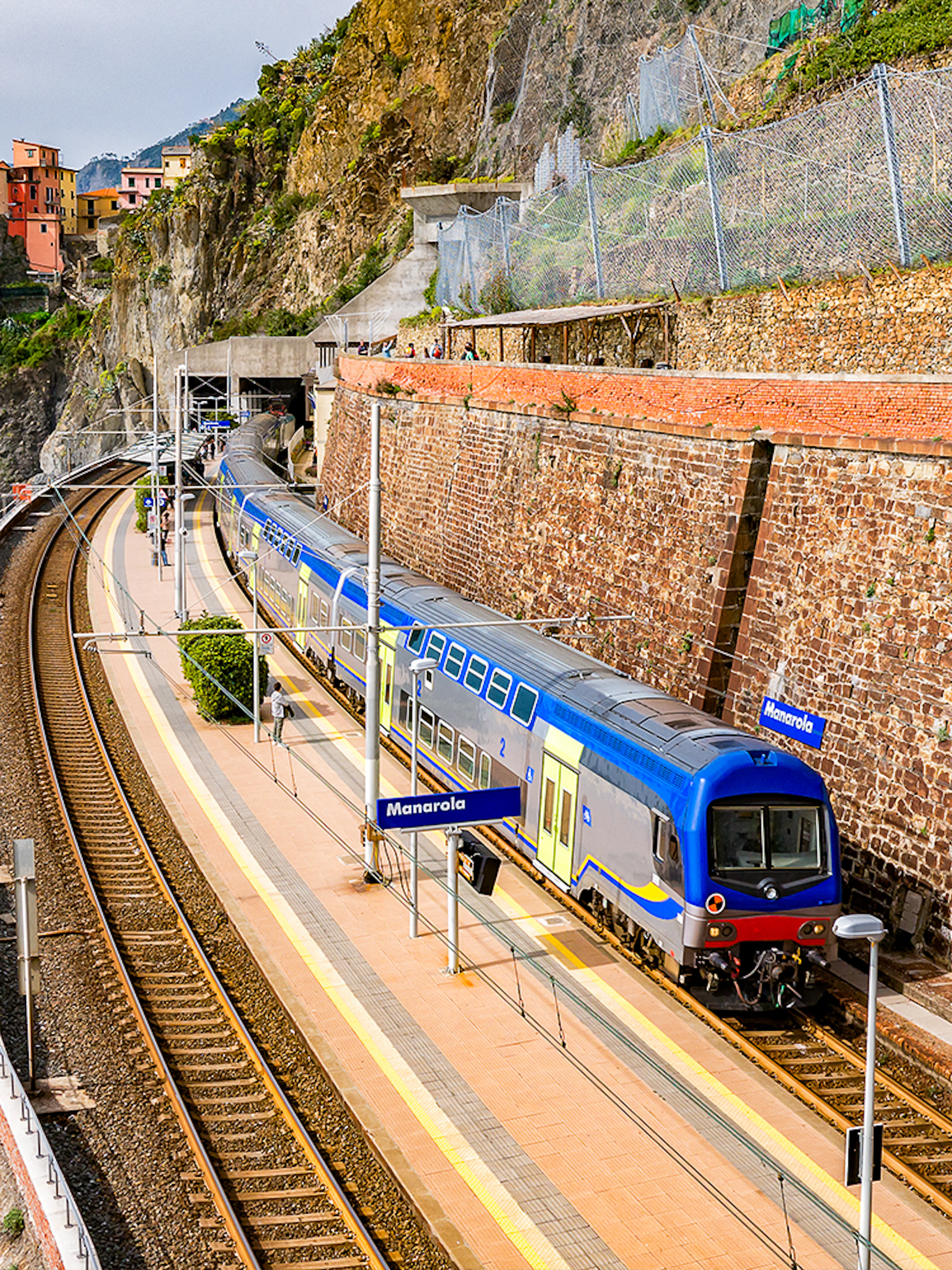 Train at Manarola station on the Cinque Terre route from La Spezia, Italy.