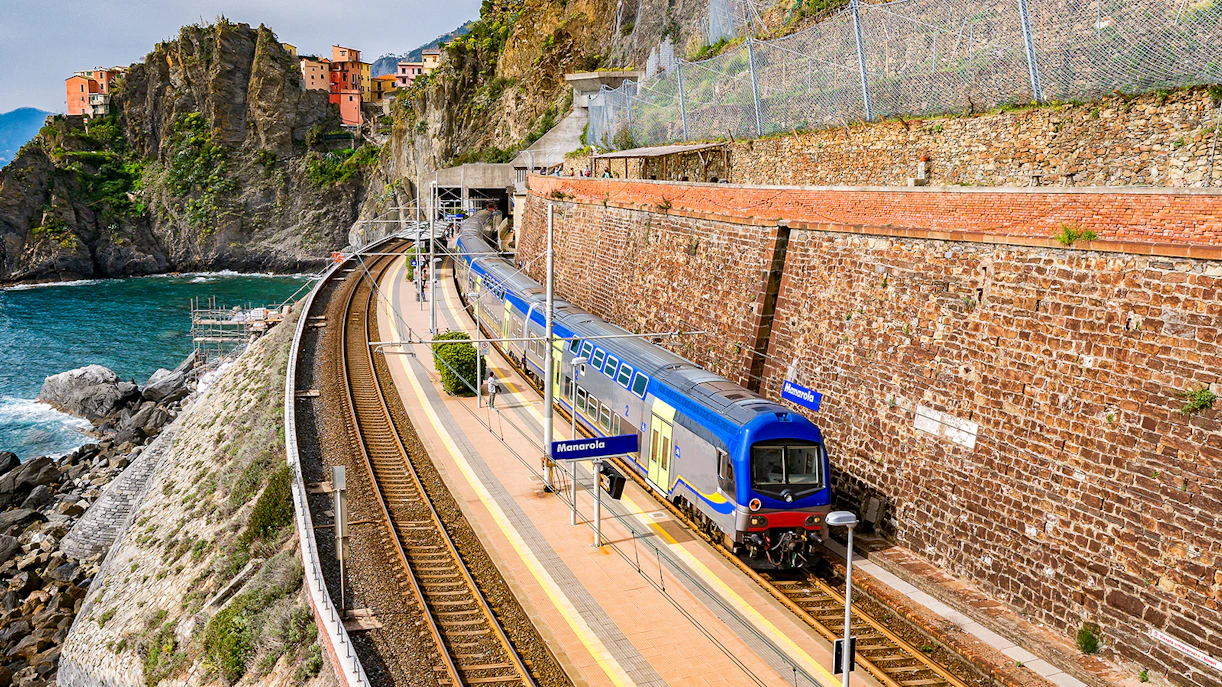 Train at Manarola station on the Cinque Terre route from La Spezia, Italy.