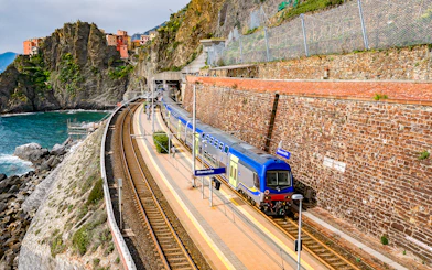 Train at Manarola station on the Cinque Terre route from La Spezia, Italy.