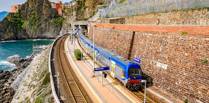 Train at Manarola station on the Cinque Terre route from La Spezia, Italy.