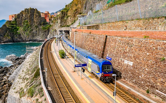 Train at Manarola station on the Cinque Terre route from La Spezia, Italy.