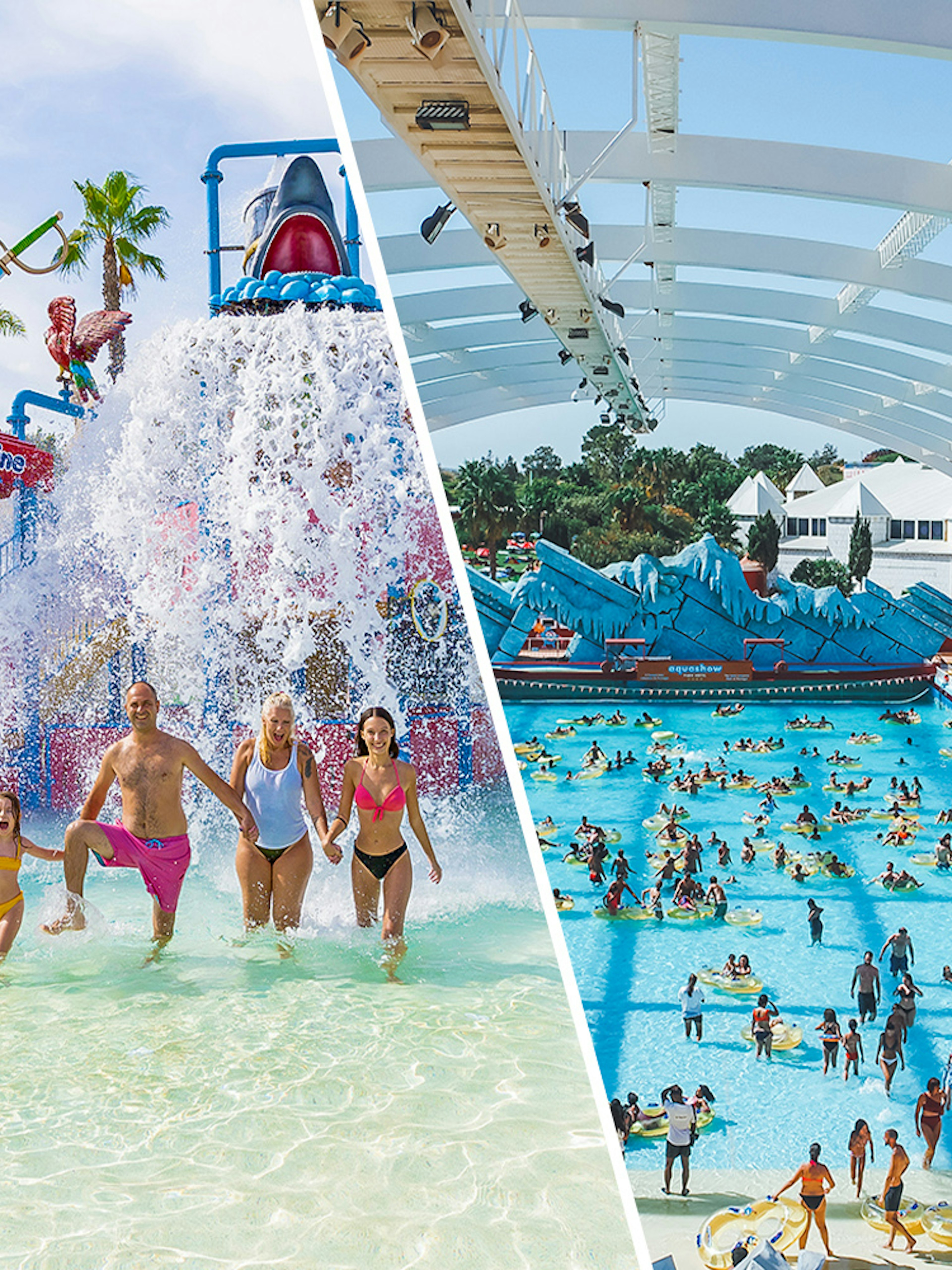 Family enjoying water slides and wave pool at Zoomarine and Aquapark.