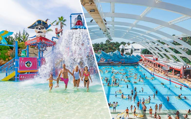 Family enjoying water slides and wave pool at Zoomarine and Aquapark.