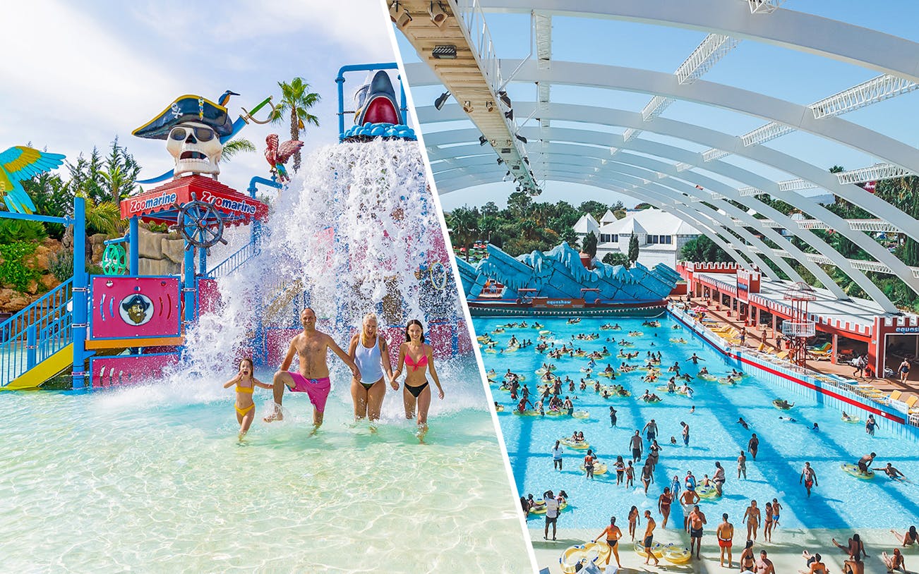 Family enjoying water slides and wave pool at Zoomarine and Aquapark.