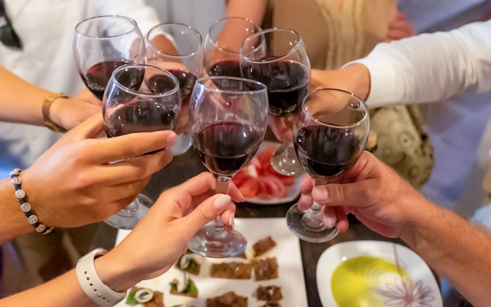 Wine glasses raised in a toast during a guided speedboat tour with food, oil, and wine tasting.