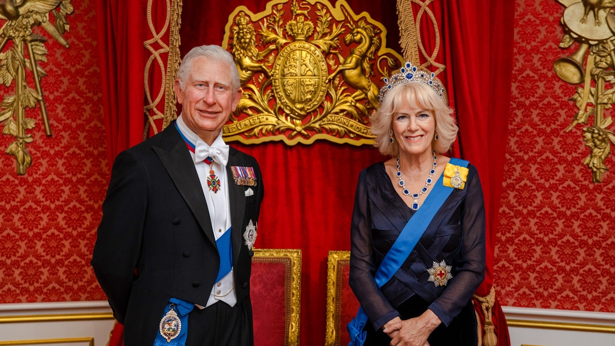 Royal wax figures at Madame Tussauds London featuring Queen Camilla.