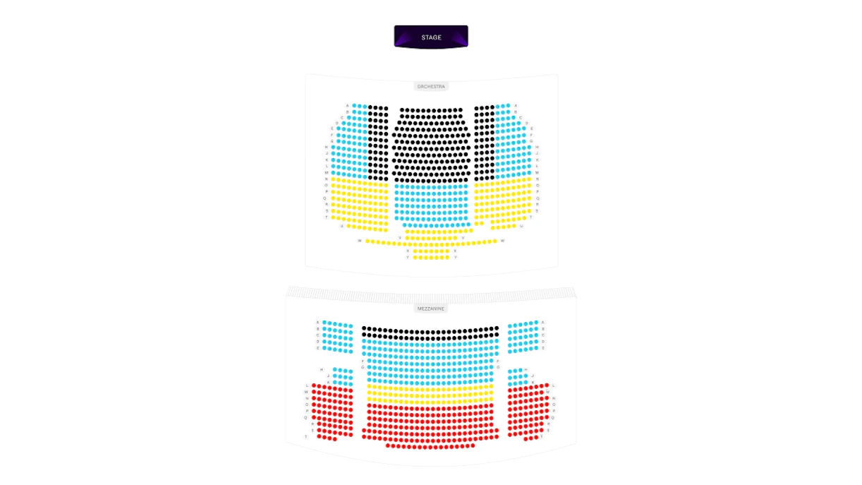 Seating chart for theater with orchestra and mezzanine sections.