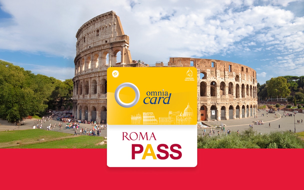 Omnia Card and Roma Pass in front of the Colosseum, Rome.
