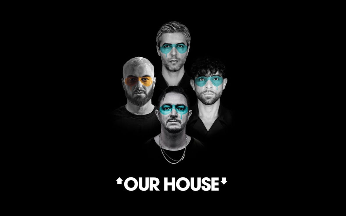 Four people with colored masks on a black background, text "Our House" below.