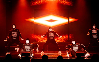 Dancers in masks performing at Jabbawockeez show, Las Vegas stage.