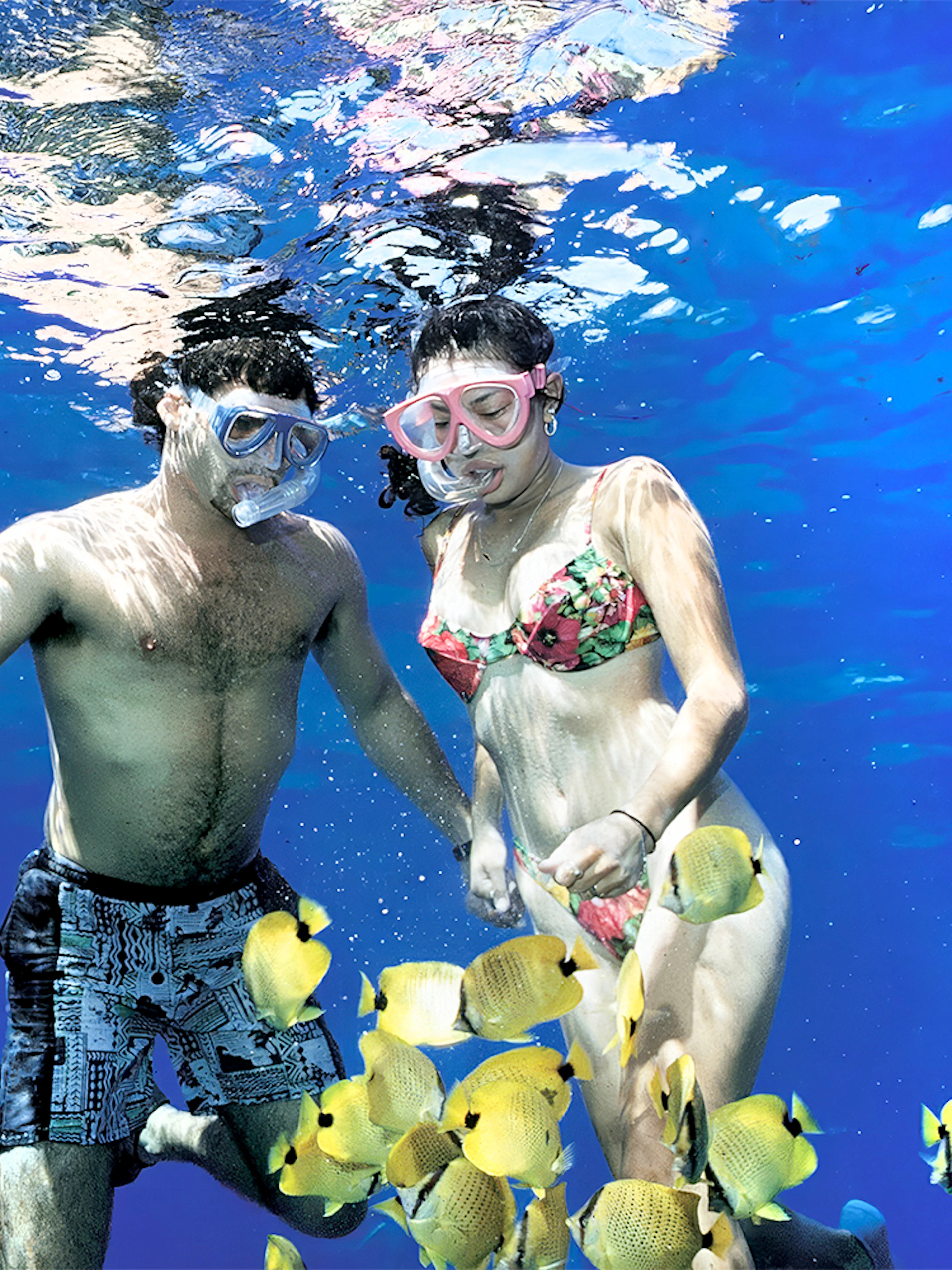 Snorkelers with tropical fish in clear Maui waters, part of Luxury West Snorkel Sail Tour.