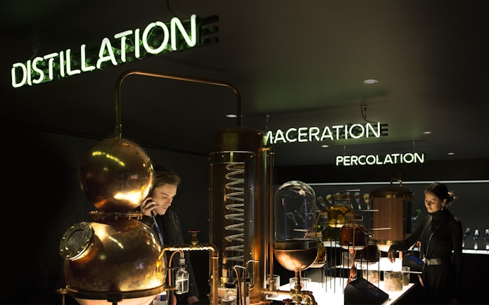 Distillation and maceration displays at Amsterdam House of Bols cocktail workshop.