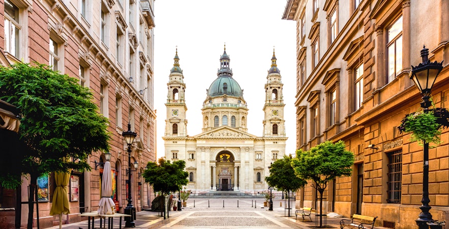 St. Stephen's Basilica exterior with ornate architecture in Budapest, Hungary.