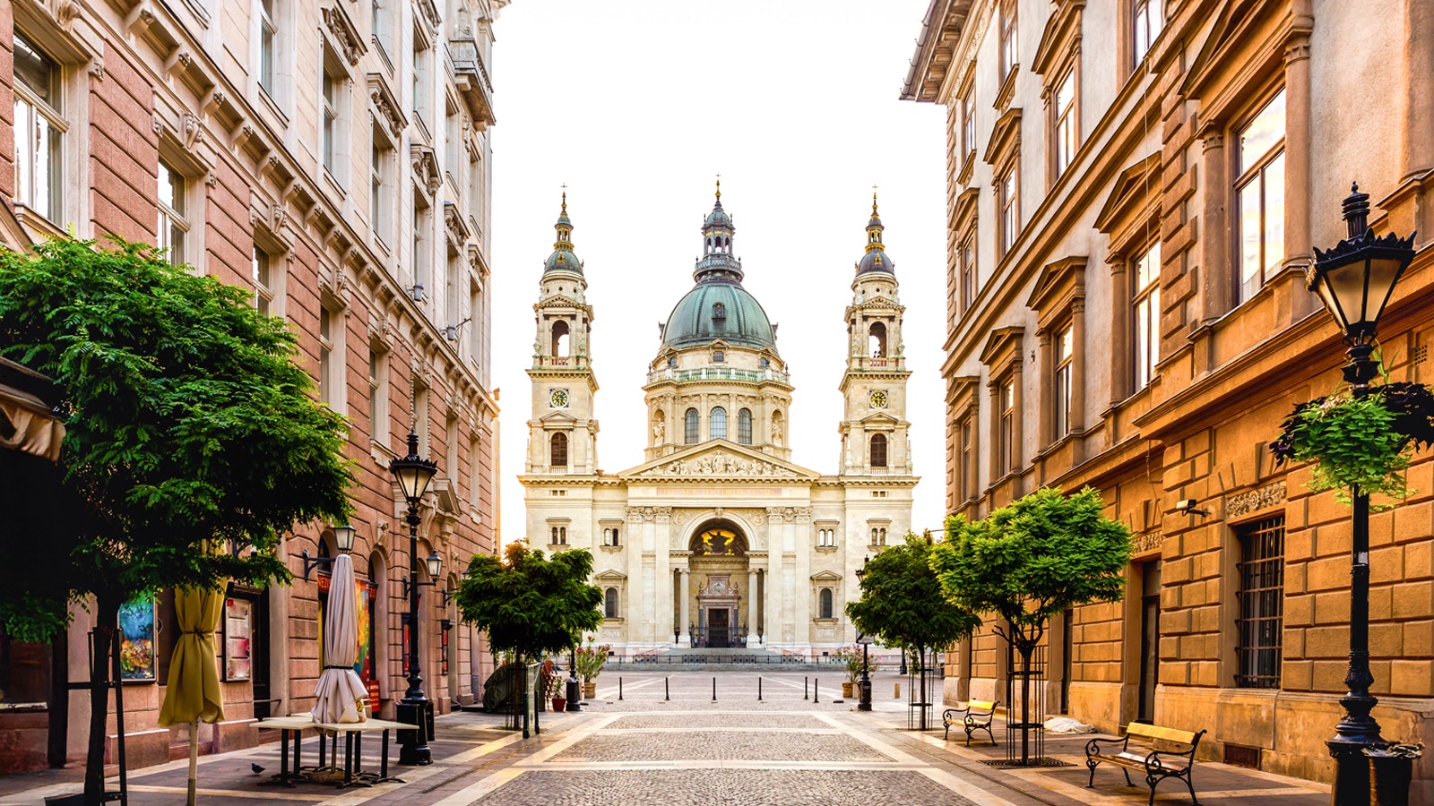 St. Stephen's Basilica exterior with ornate architecture in Budapest, Hungary.