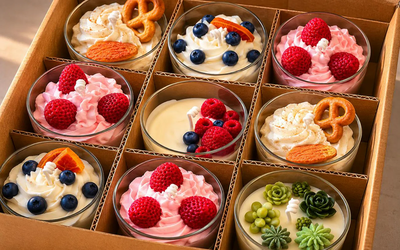 Candle assortment with fruit and pretzel designs from Krakow candle-making workshop.