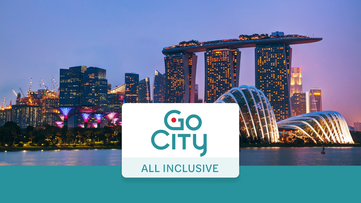 Singapore skyline with Marina Bay Sands and Gardens by the Bay, promoting Go City All-Inclusive Pass.